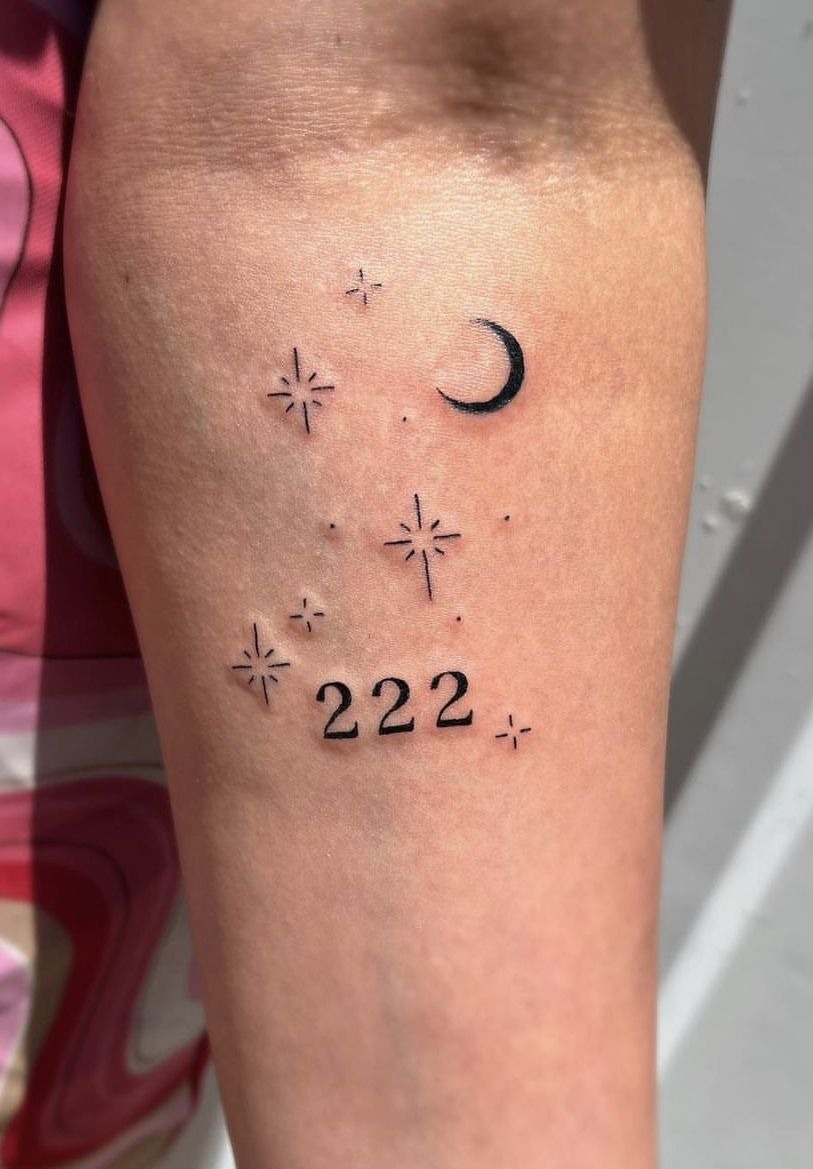 Celestial 222 with Moon and Stars, a tattoo design rendered in clean detailed linework.