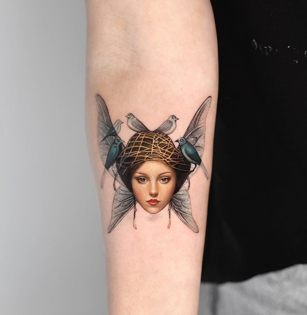 Stunning Female Portrait with Insects and Doves Tattoo Design