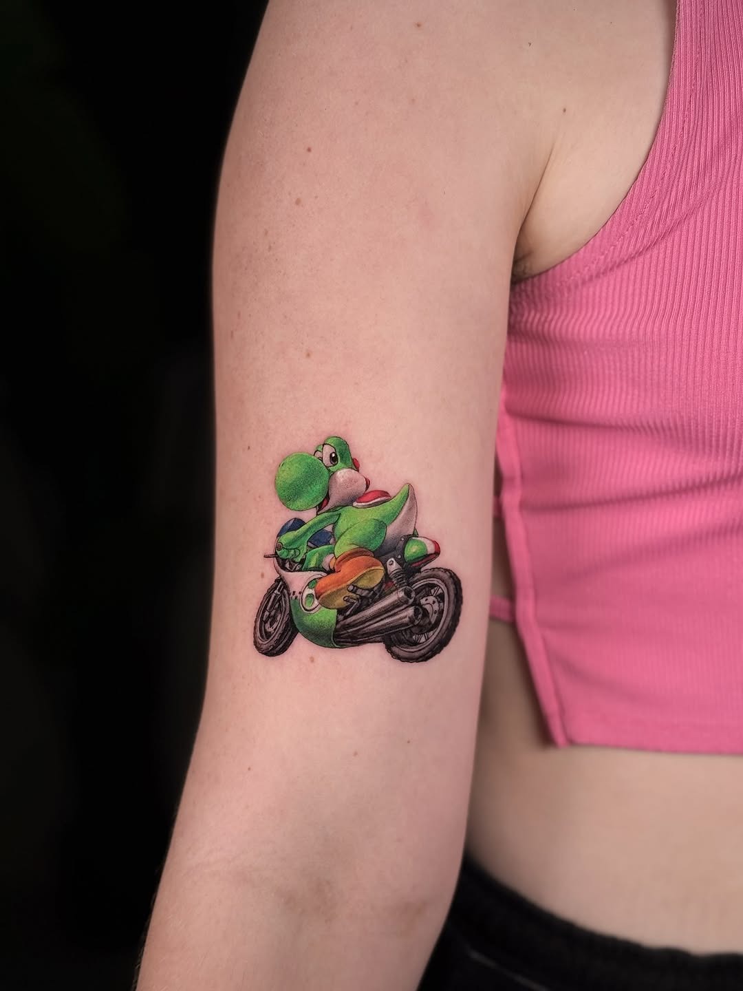 Vibrant Yoshi Tattoo on a Motorcycle Tattoo Design