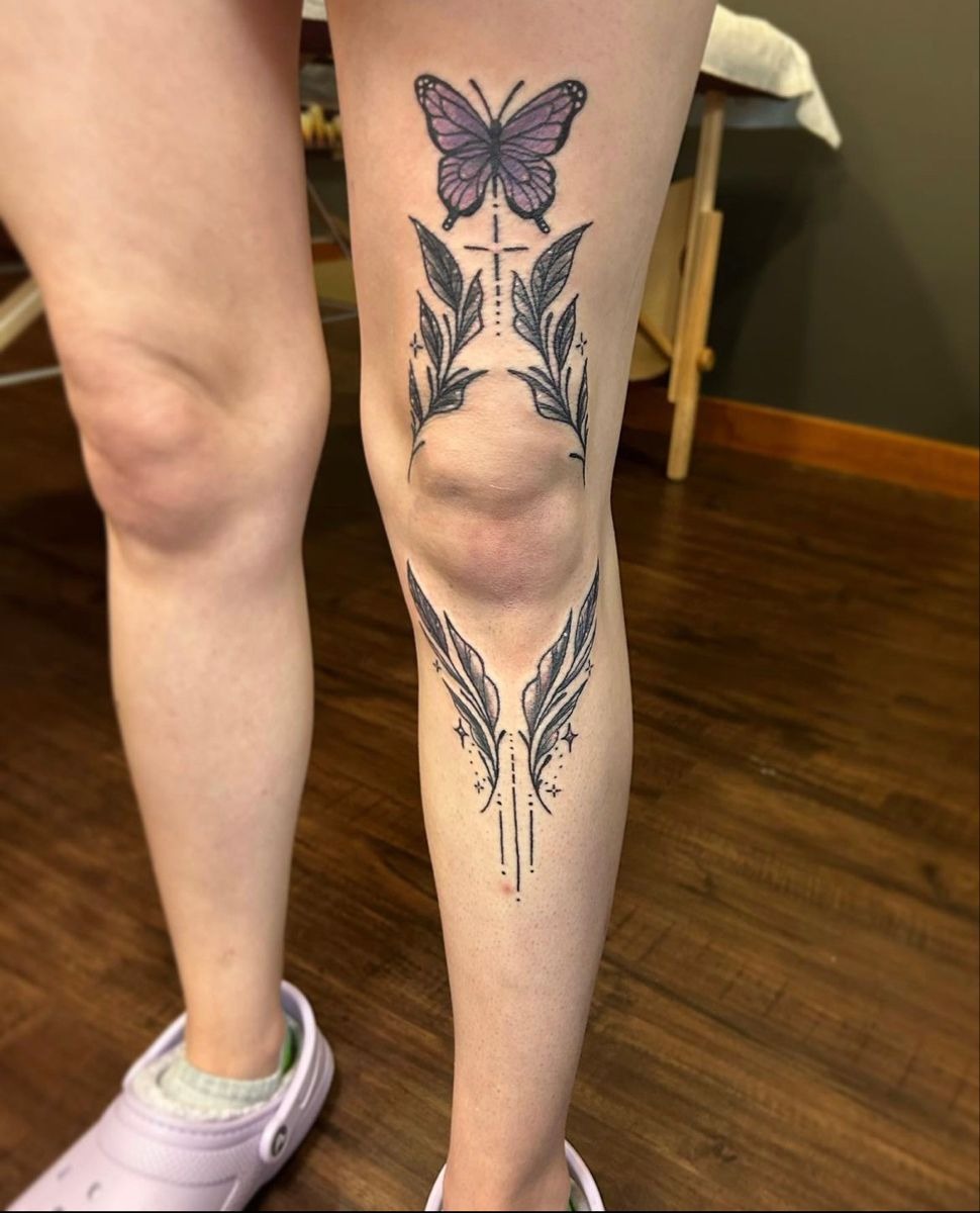 Butterfly + Botanical Linework Statement Tattoo Design