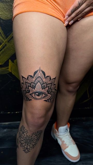 Mandala Lotus Eye Above-the-Knee Statement Tattoo Design