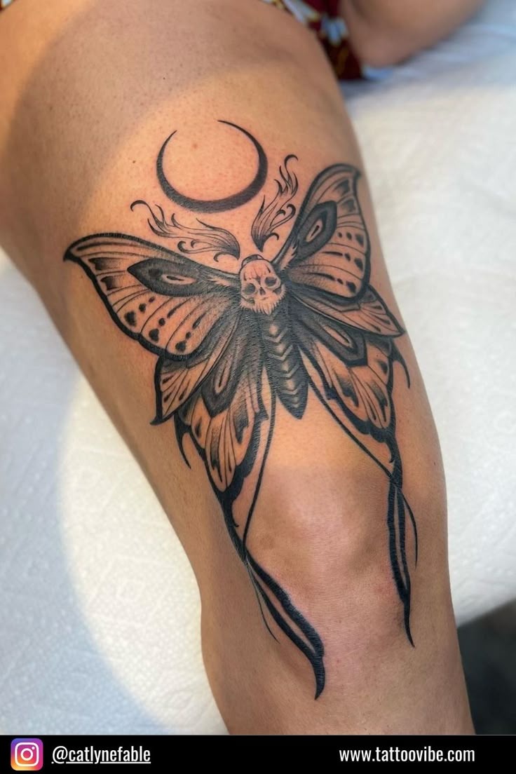 Moth and Crescent Moon Tattoo Tattoo Design