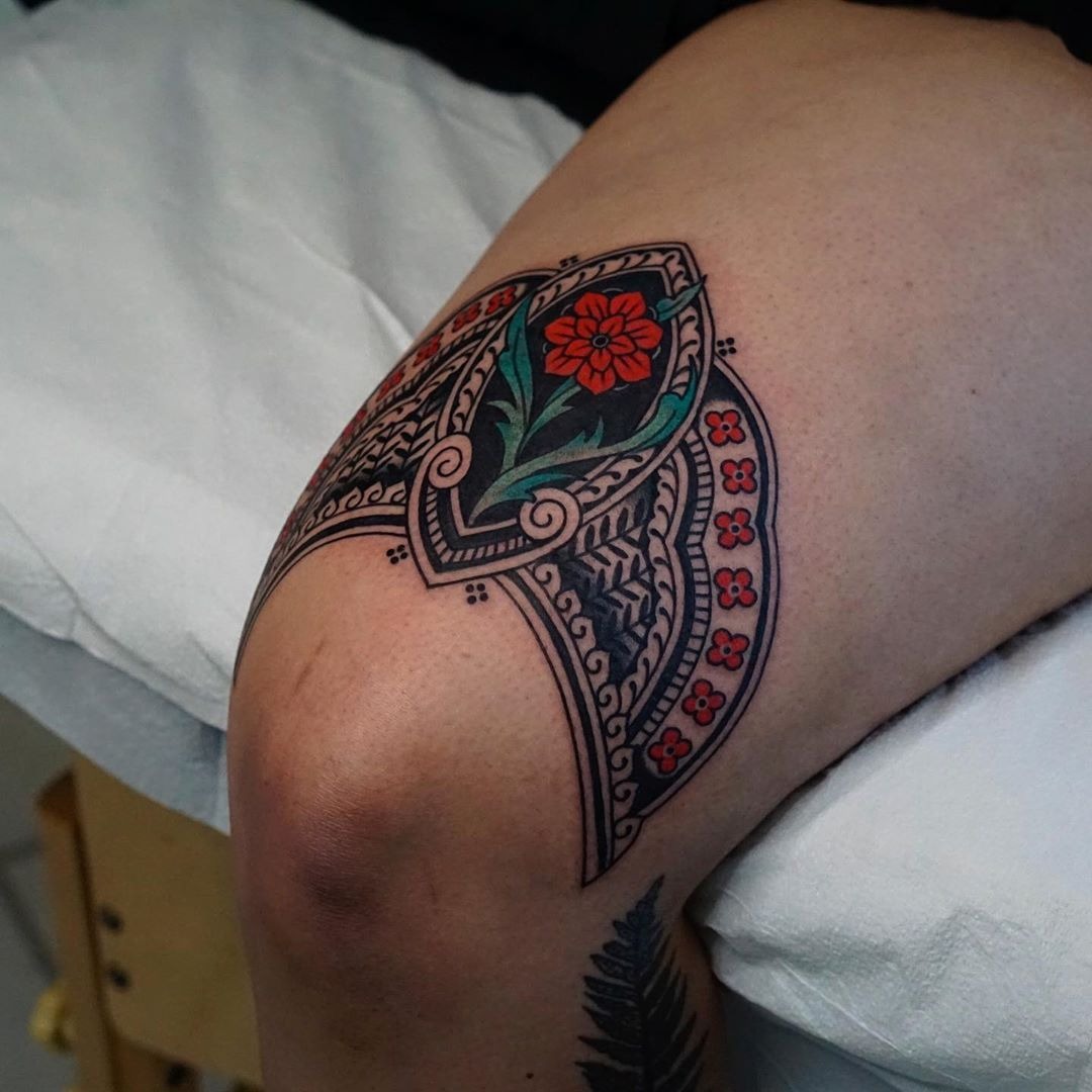 Ornamental Patchwork Flower Crest Tattoo Design