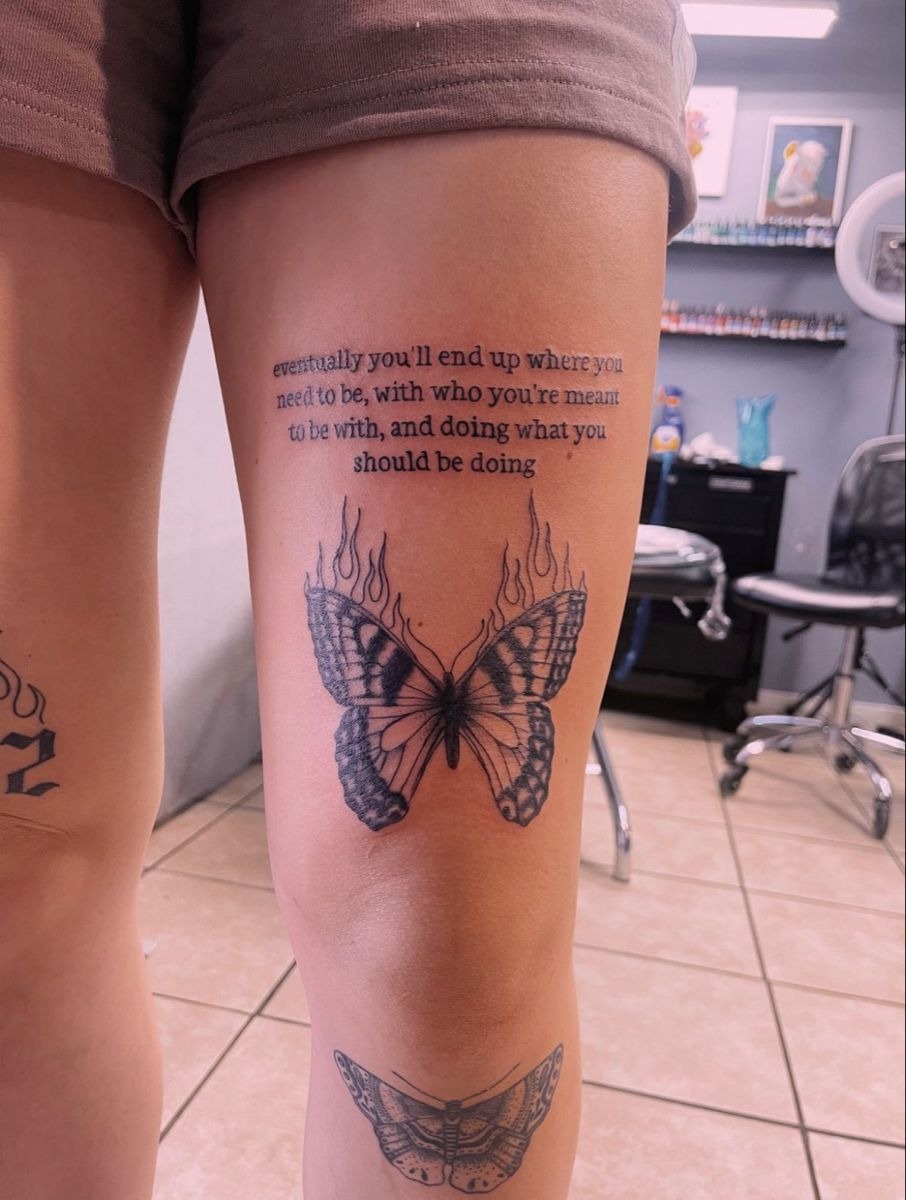 Quote with Butterfly and Flame Details Tattoo Design