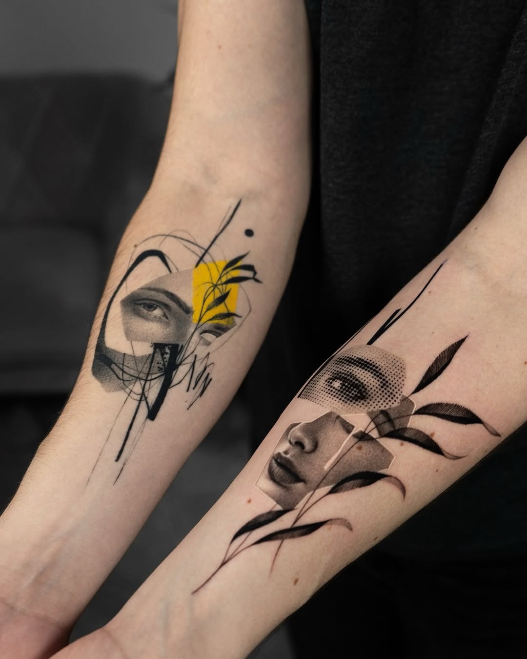 This tattoo features a striking blend of abstract elements, showing a face framed by bold lines and subtle colors.