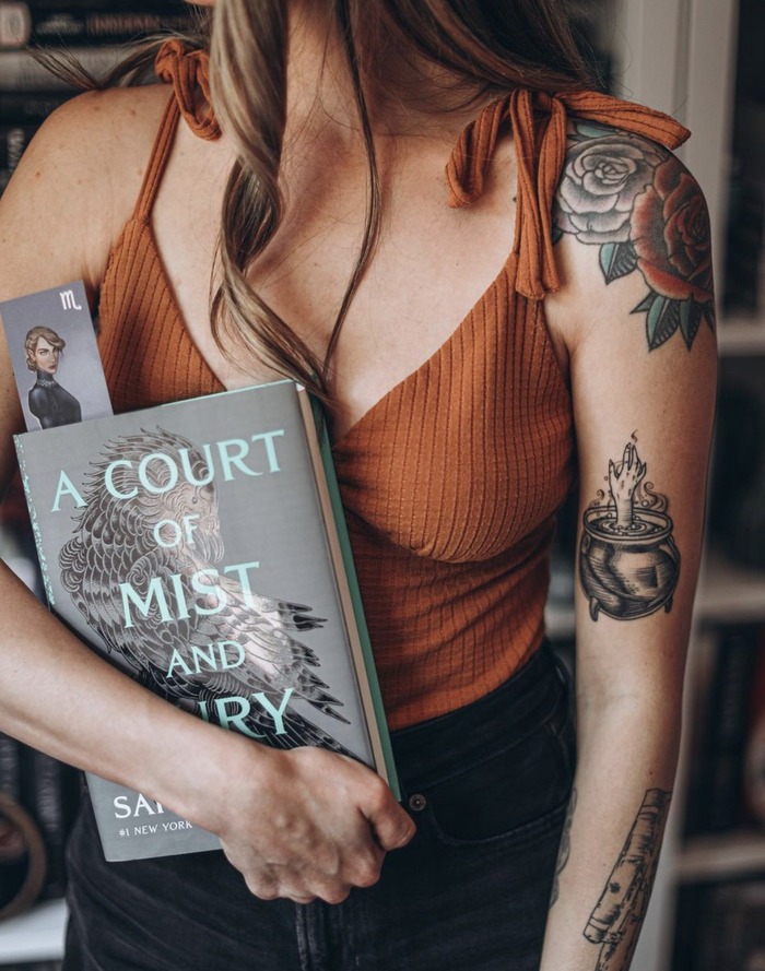 ACOTAR-Inspired Arm Tattoo with a Book Tattoo Design