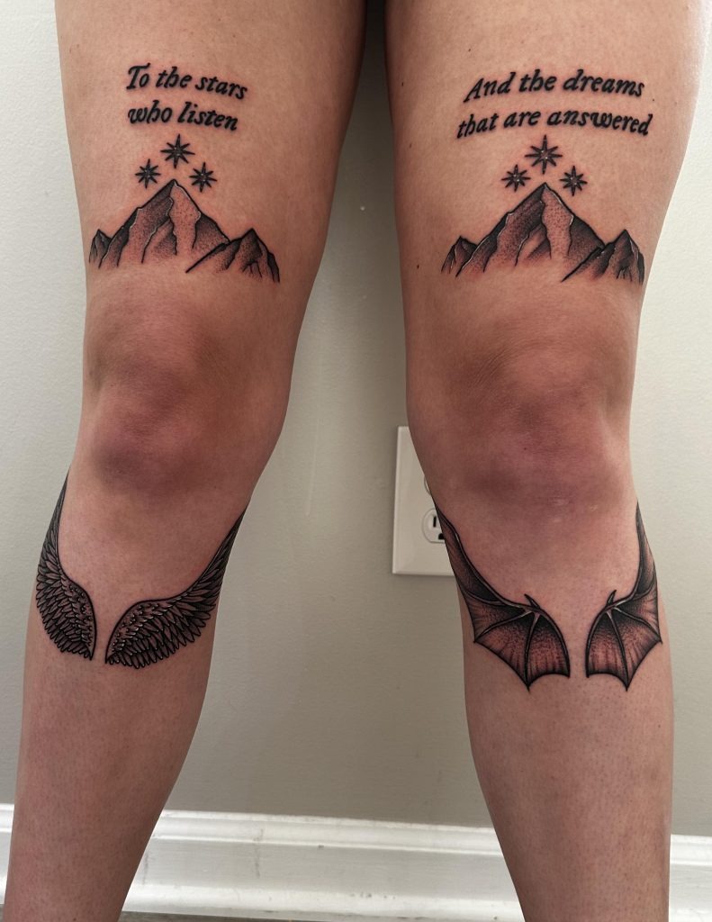 Dual Mountain and Wing Tattoo with Quotes Tattoo Design