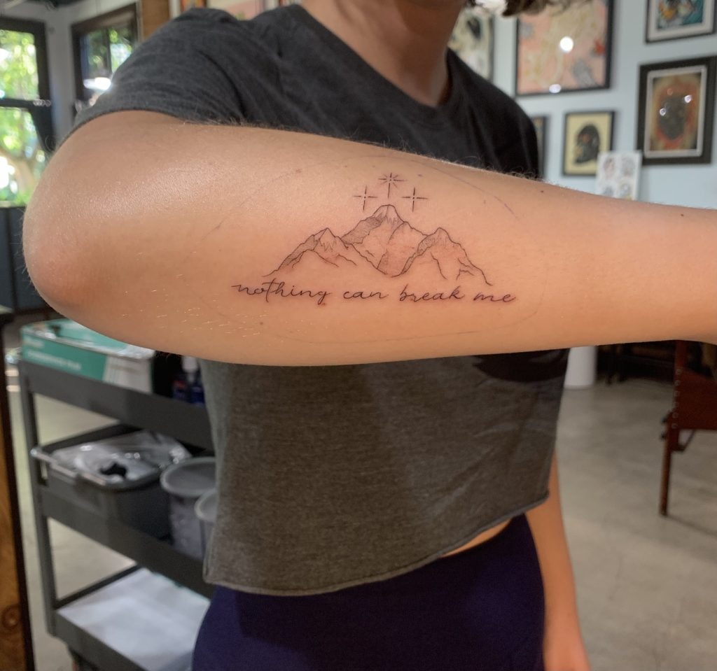 Mountain Tattoo with Inspirational Quote Tattoo Design