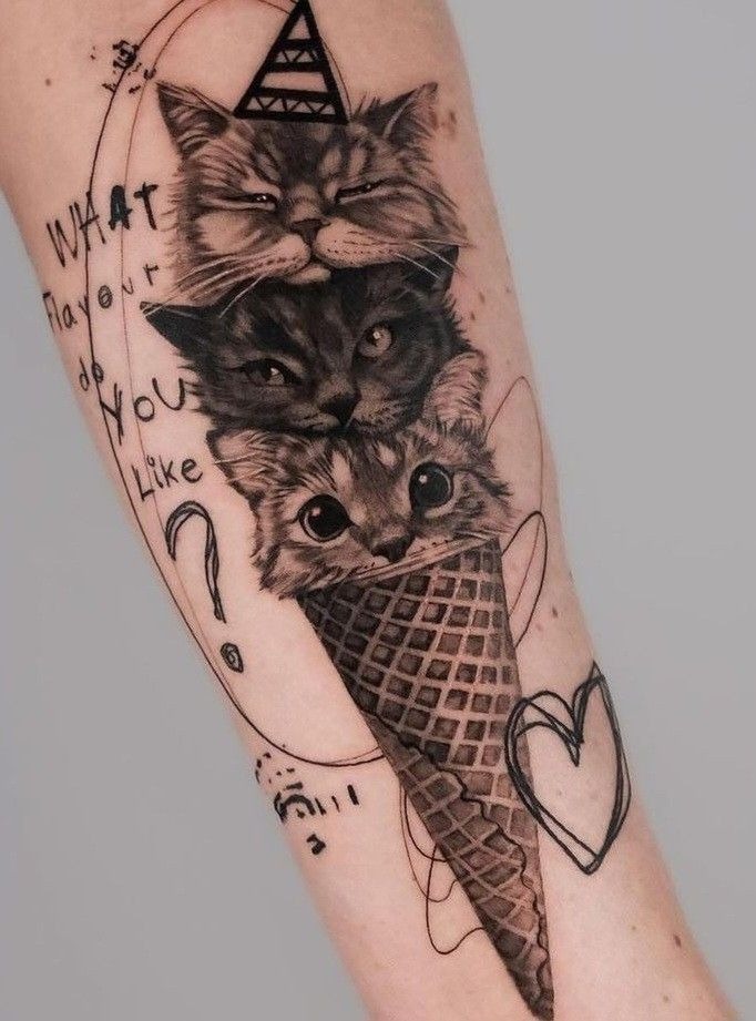 Black and White Linework Kitty Tattoo Design