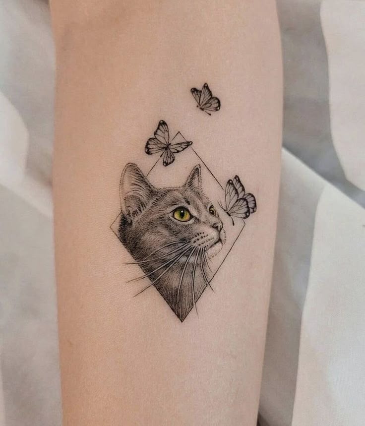 Butterfly and Cat Fine Line Tattoo Tattoo Design