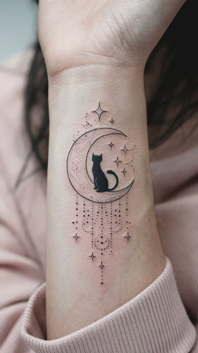 Celestial Cat on the Wrist Tattoo Design
