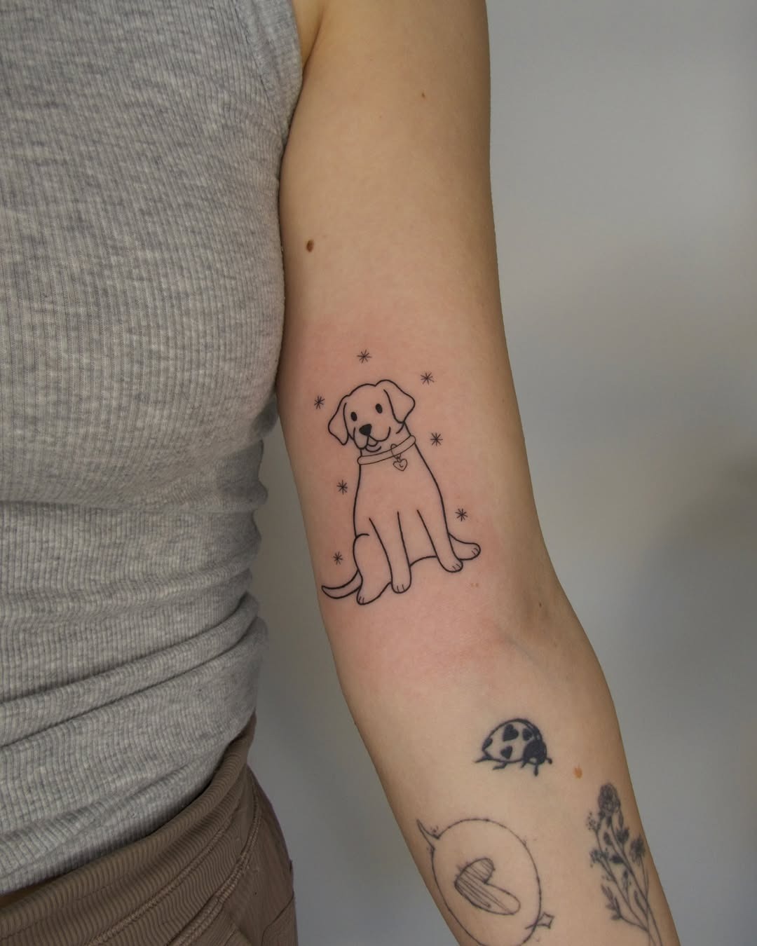 Charming Minimalist Dog Tattoo with Stars Tattoo Design