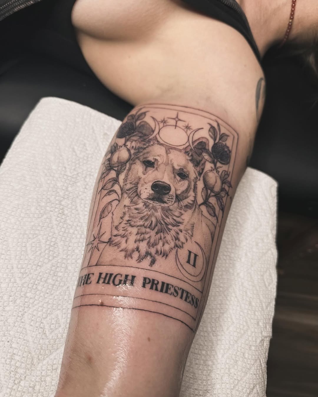 Floral Dog Tattoo Inspired by Tarot Themes Tattoo Design