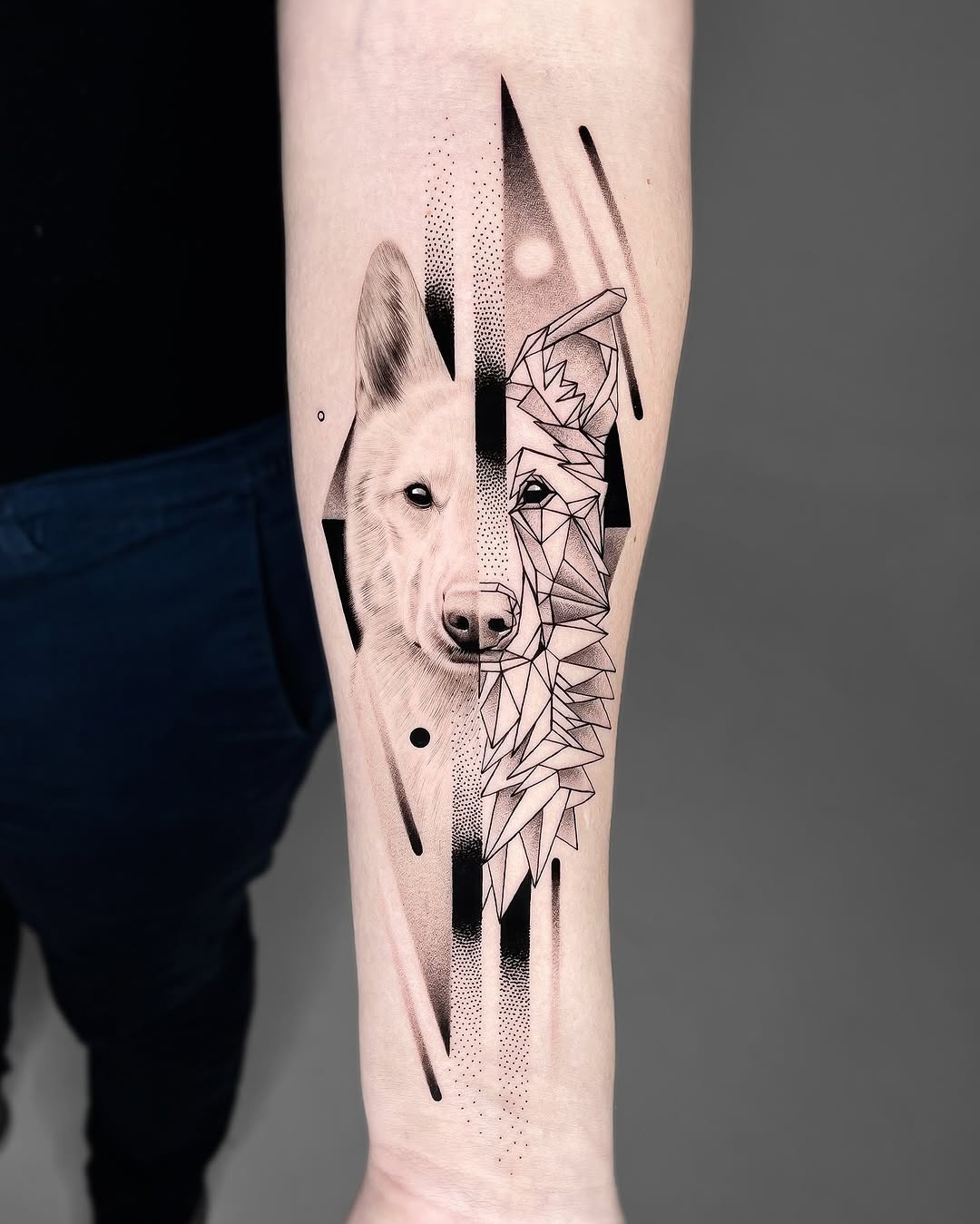 Geometric Dog Tattoo with Unique Abstract Flair Tattoo Design