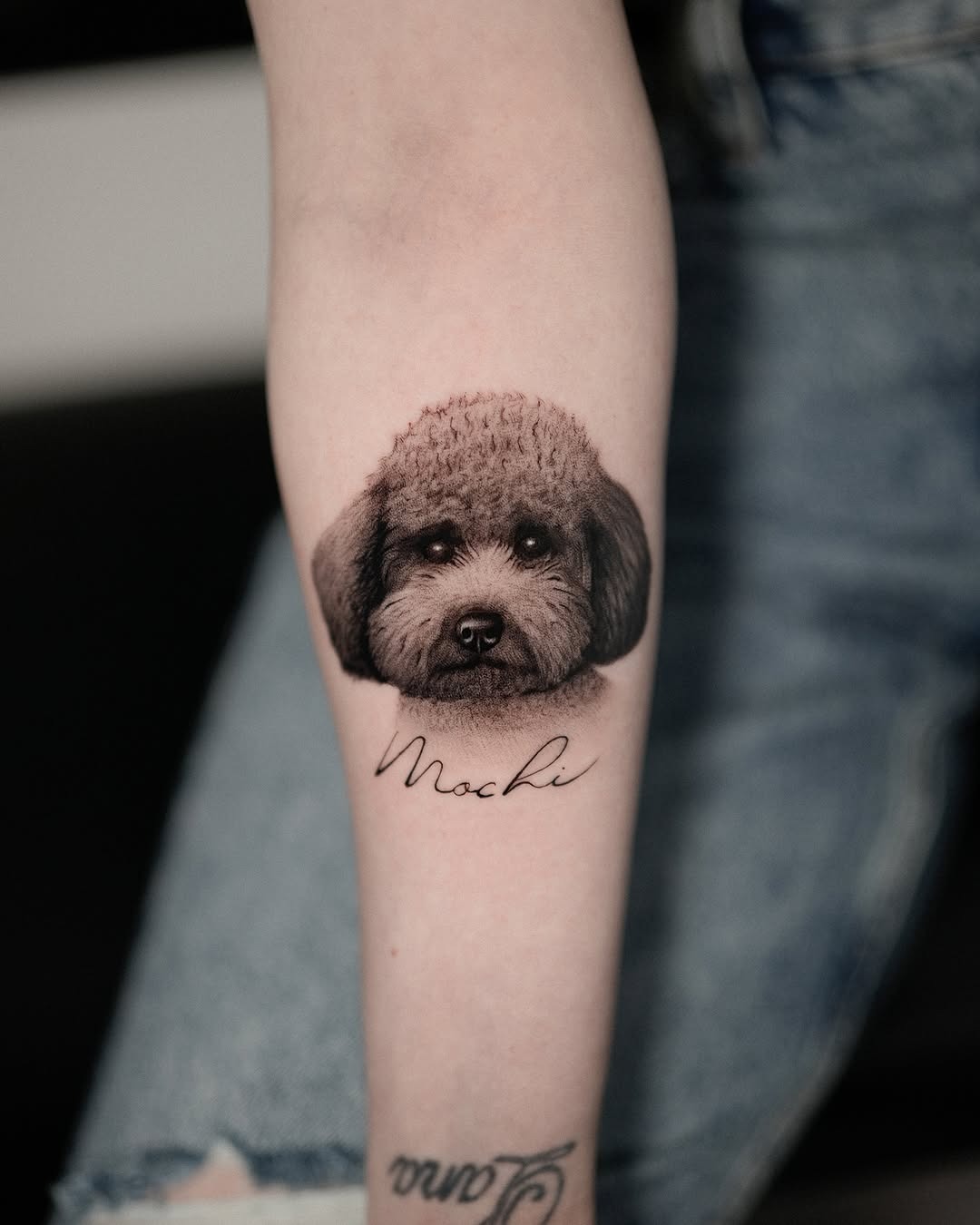 Realistic Dog Portrait Tattoo of Mochi Tattoo Design