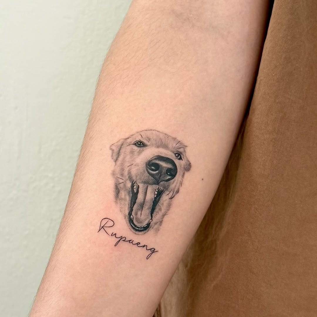 Realistic Yawning Dog Tattoo on Forearm Tattoo Design