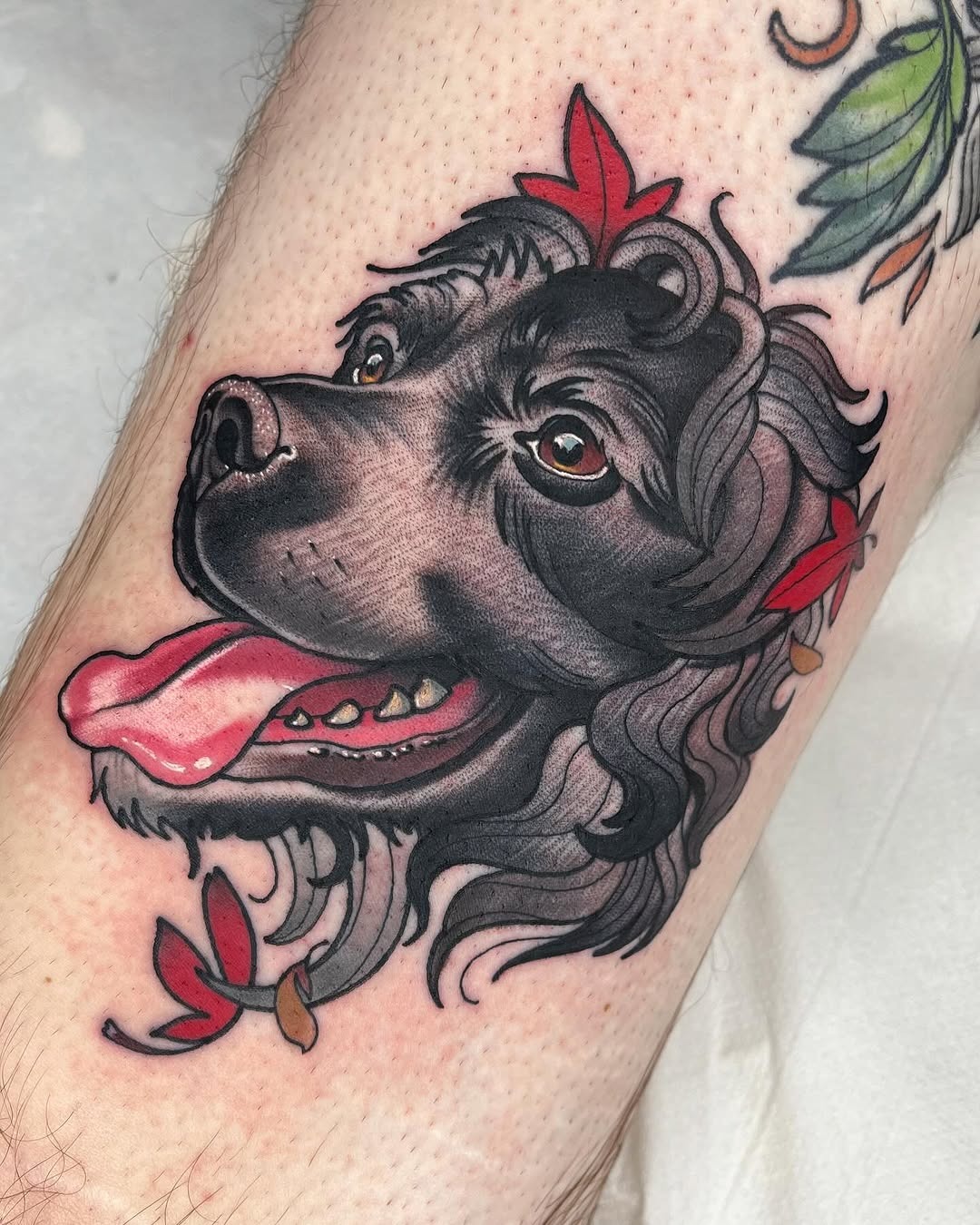 Vibrant Black Dog Tattoo Featuring Leaves Tattoo Design