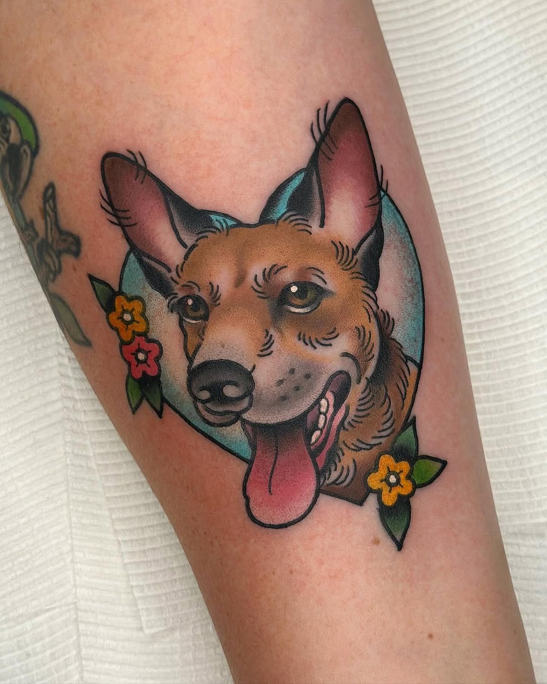 Whimsical dog tattoo showcasing joyful expression Tattoo Design