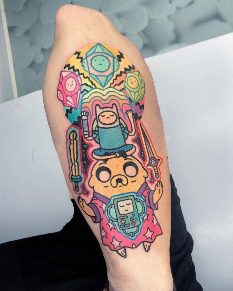 Bold Patchwork Arm With Finn Swords & Icons Tattoo Design