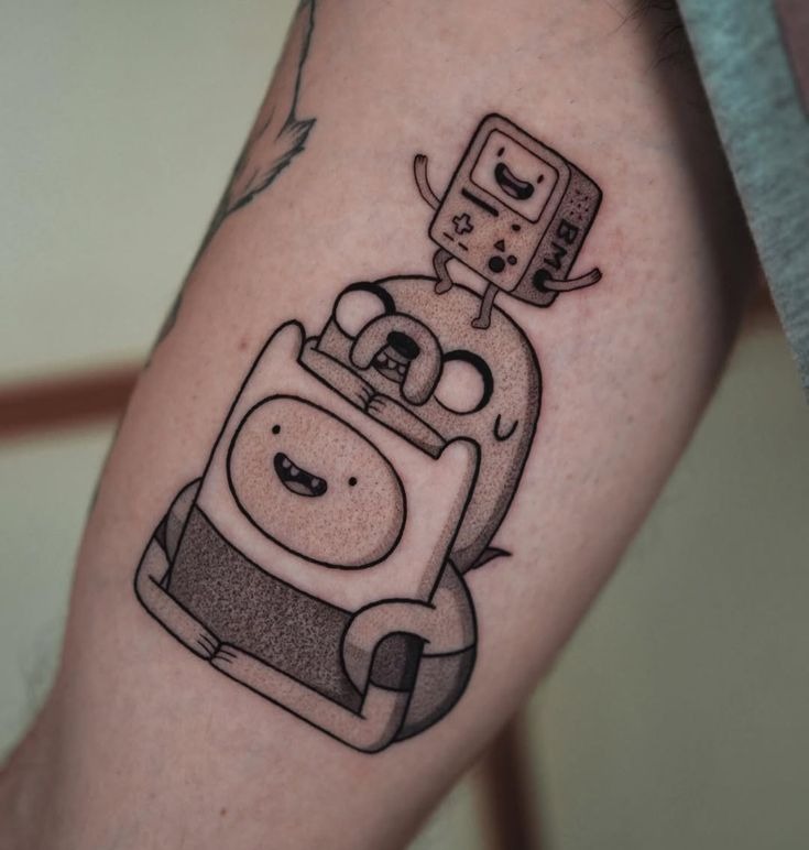 Minimalist Finn Hugging Jake With Bmo Accent Tattoo Design