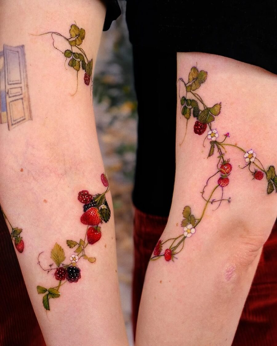 The design centers on strawberry vine aesthetic imagery that reads clearly at a glance.