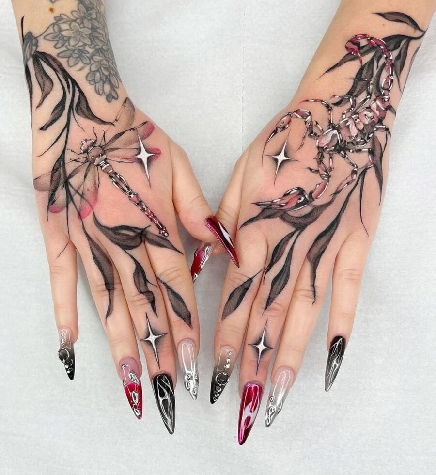 These tattoos are stunning examples of gothic artistry on hands.