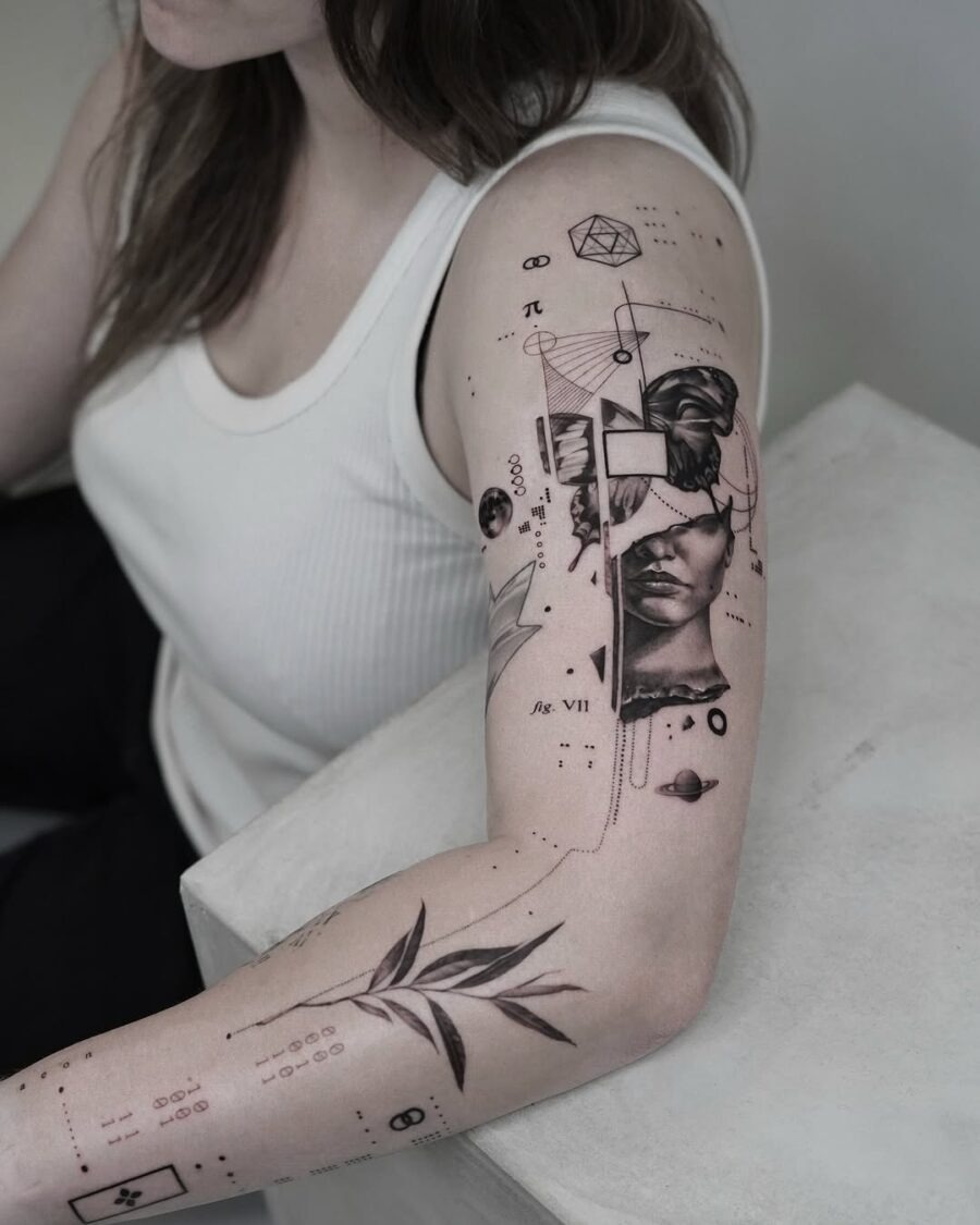This tattoo showcases a compelling blend of abstract and figurative elements.