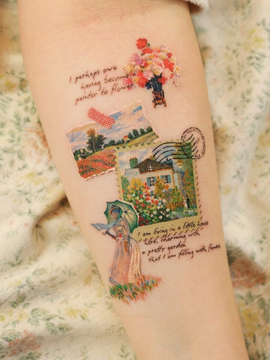 This tattoo showcases a beautiful blend of floral elements and a nostalgic postcard design.