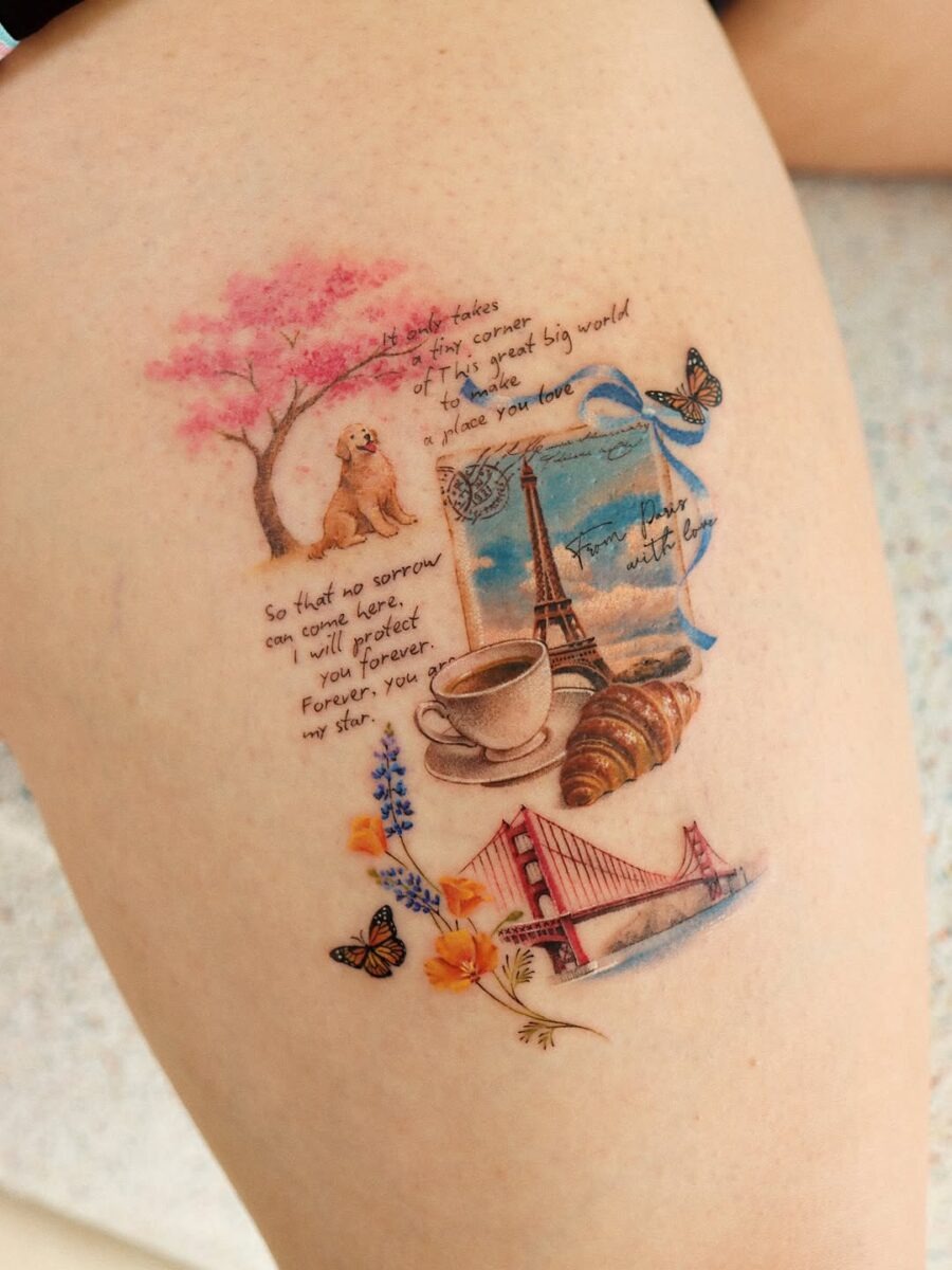 This tattoo showcases a delicate flower design along the hand and forearm.