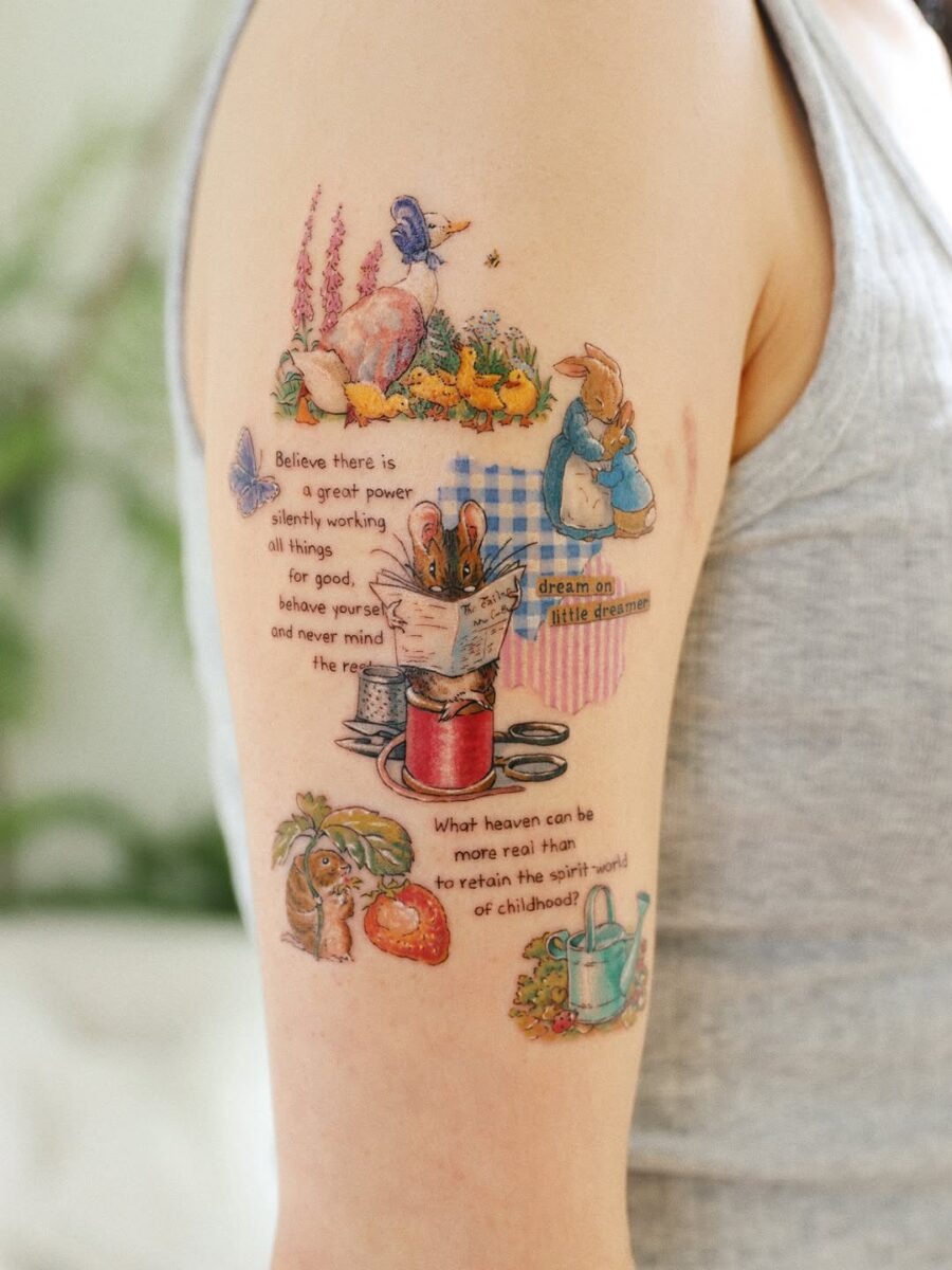 This colorful tattoo features charming illustrations that celebrate childhood nostalgia.