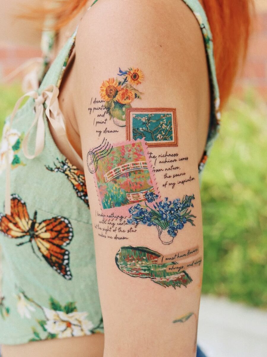 This tattoo features artworks inspired by nature, blending floral elements with whimsical illustrations.