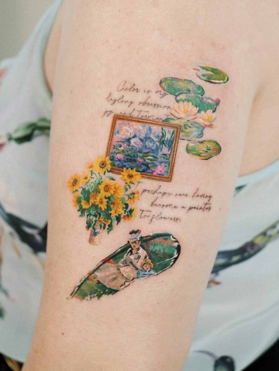 This tattoo features iconic elements of vintage art, including a beautiful sunflowers arrangement and serene water lilies.