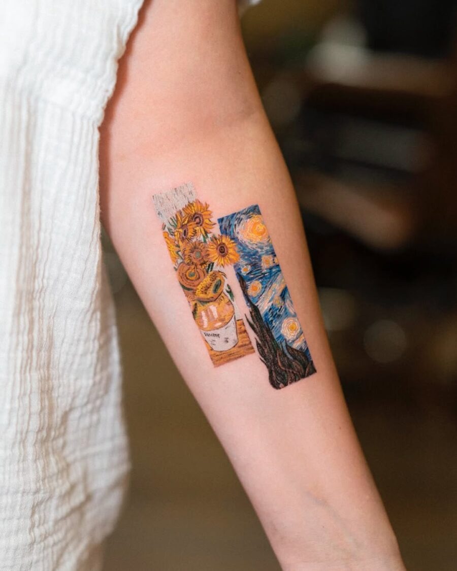 This aesthetic tattoo features a stunning fusion of Van Gogh's iconic sunflowers and the swirling night sky.