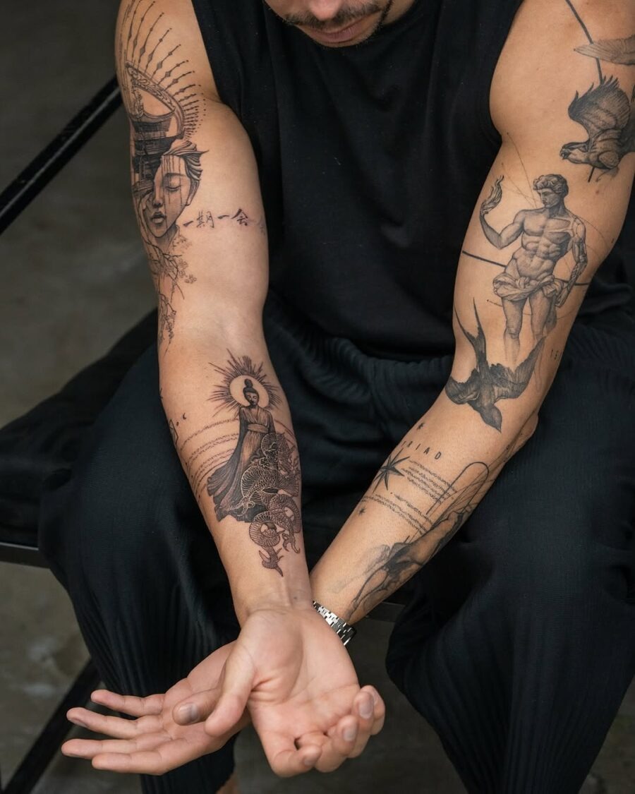These aesthetic tattoos blend spirituality and classical art, bringing a captivating vibe.