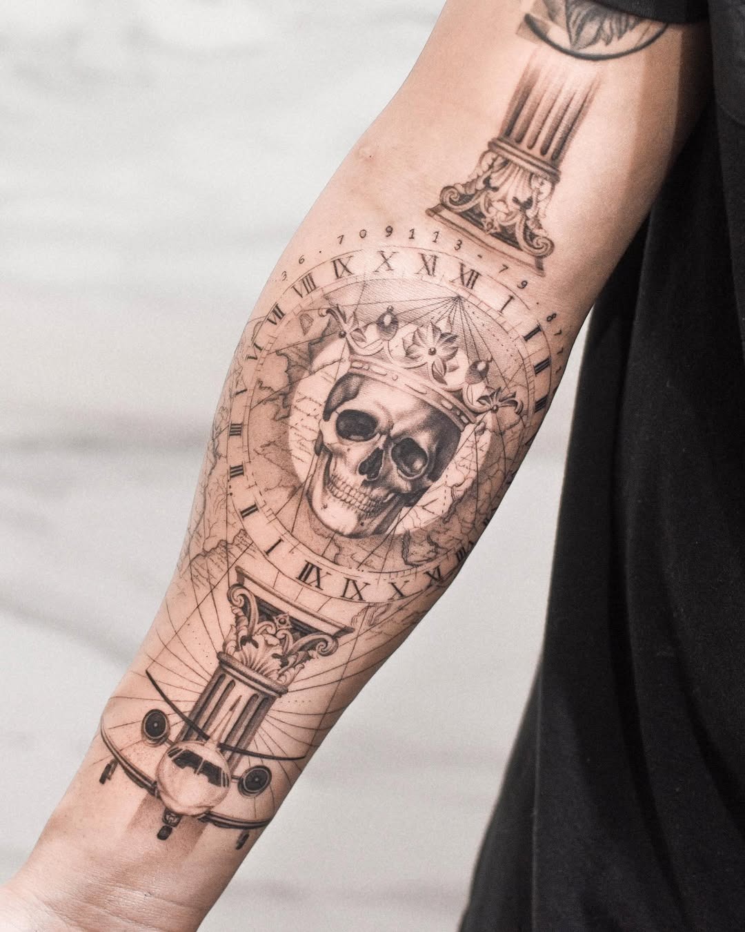Intricate skull tattoo with airplane elements Tattoo Design