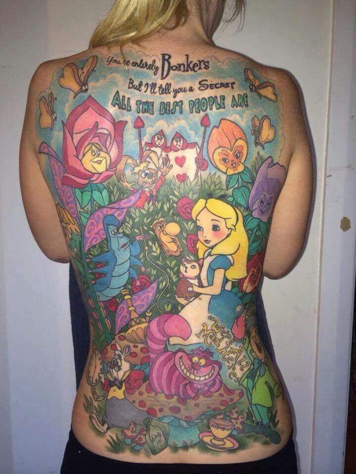 Back-Piece Wonderland With Quotes and Classic Characters Tattoo Design