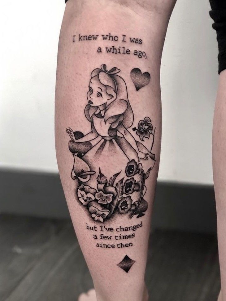 Blackwork alice With Reflective Quotes And Flowers Tattoo Design