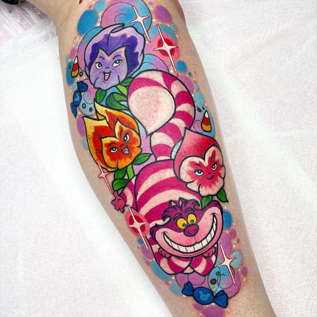 Candy-Stripe Grin Stack With Bold Florals Tattoo Design