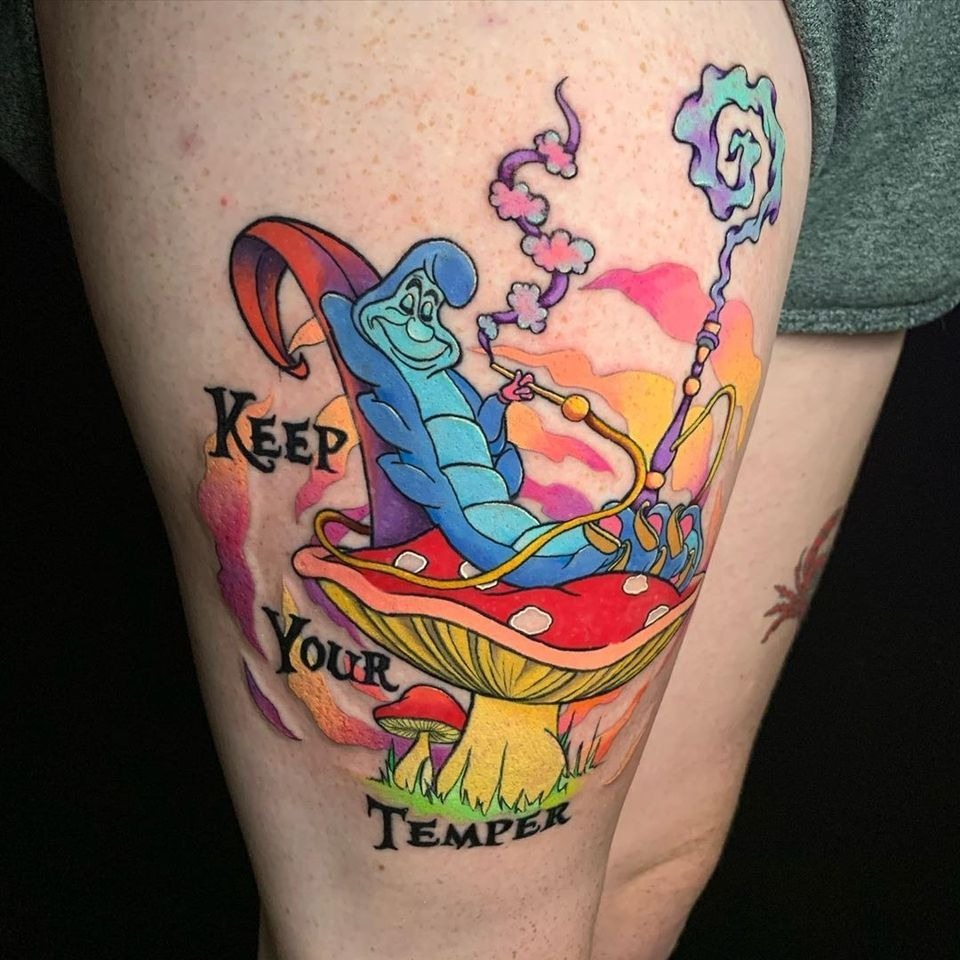 Caterpillar Depressing Reminder With “Keep Your Temper” Lettering Tattoo Design