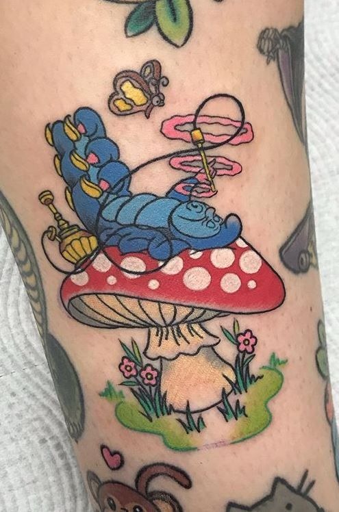 Caterpillar On Mushroom Traditional Tattoo Tattoo Design