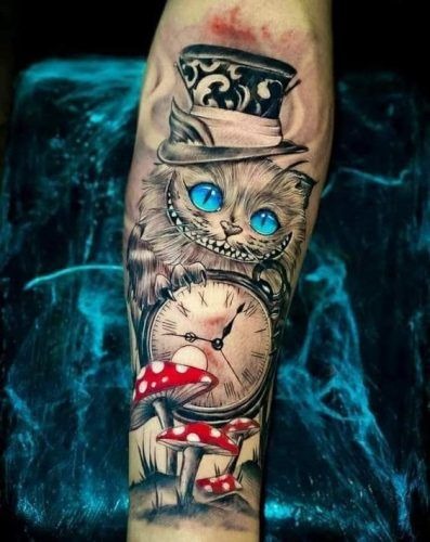 Cheshire Cat With Mad Hatter Hat and Timepiece Tattoo Design