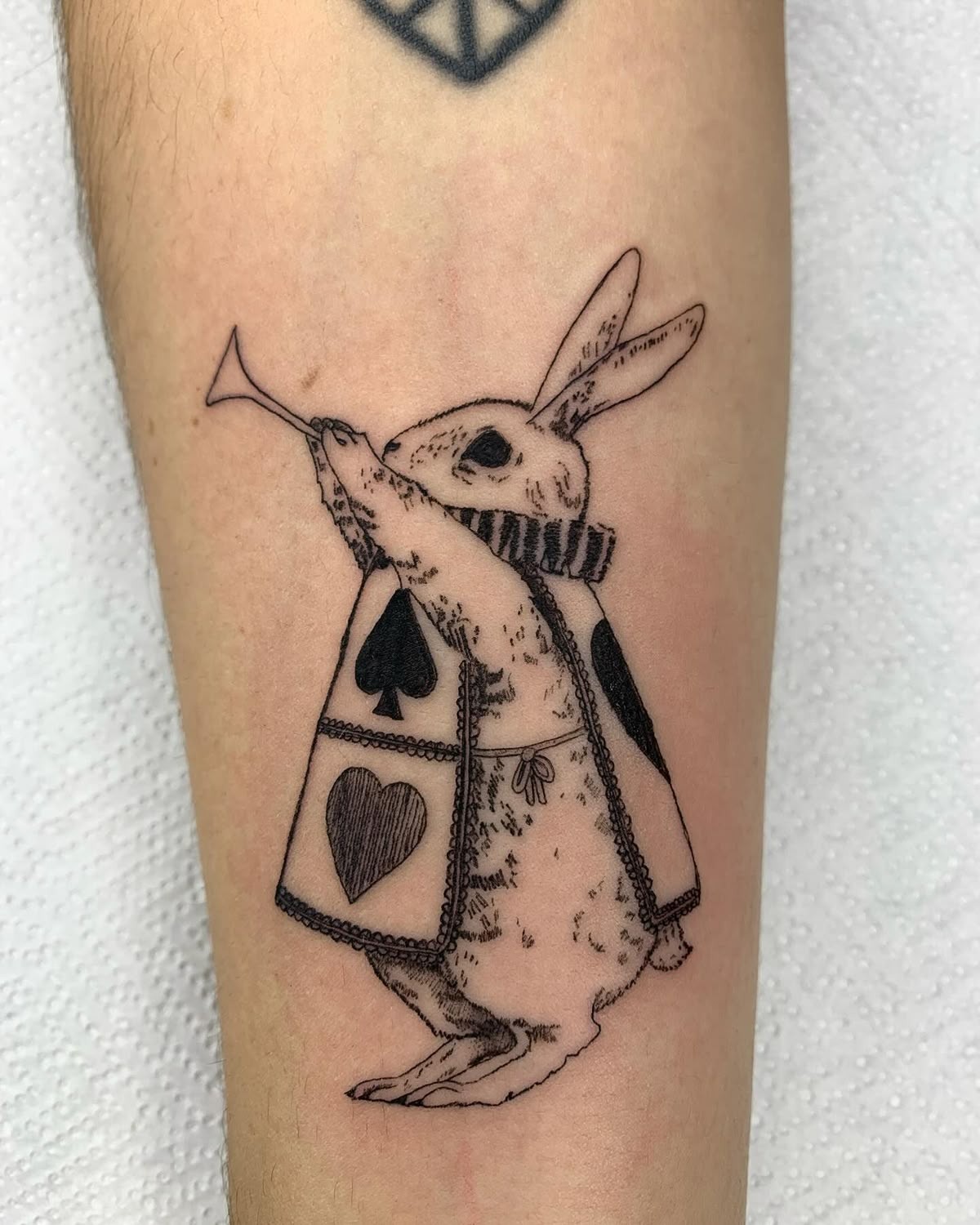 Fine line White rabbit With Card-Suit Coat Tattoo Design