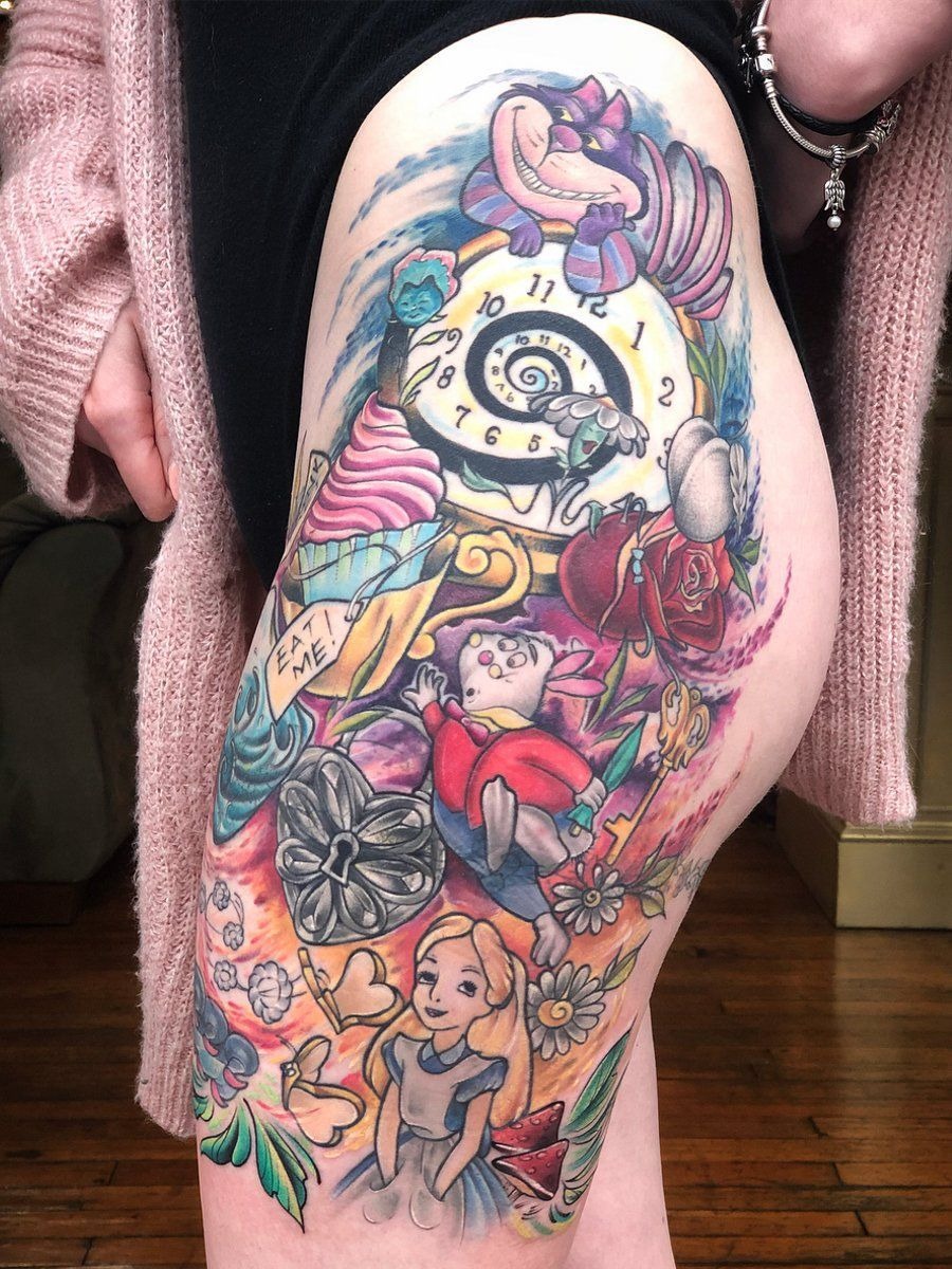 Full Wonderland Thigh sleeve Collage Tattoo Design