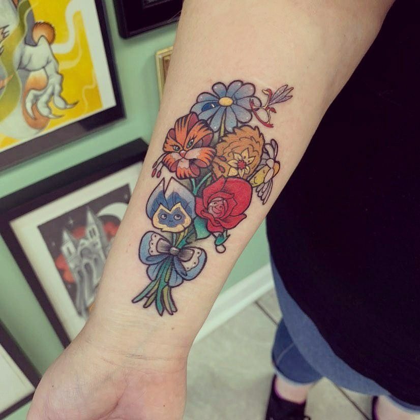 Hidden Cat Bouquet With Storybook Flowers Tattoo Design