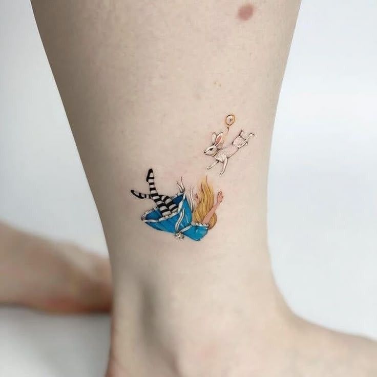 Mini Falling alice With White rabbit Tattoo Design