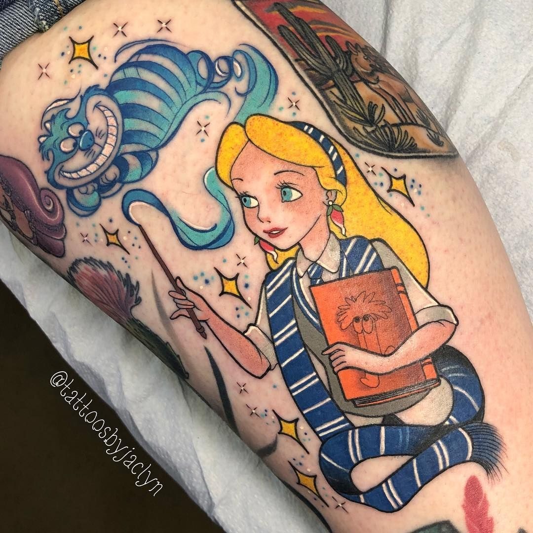 Storybook alice With Wand And Cat Companion Tattoo Design