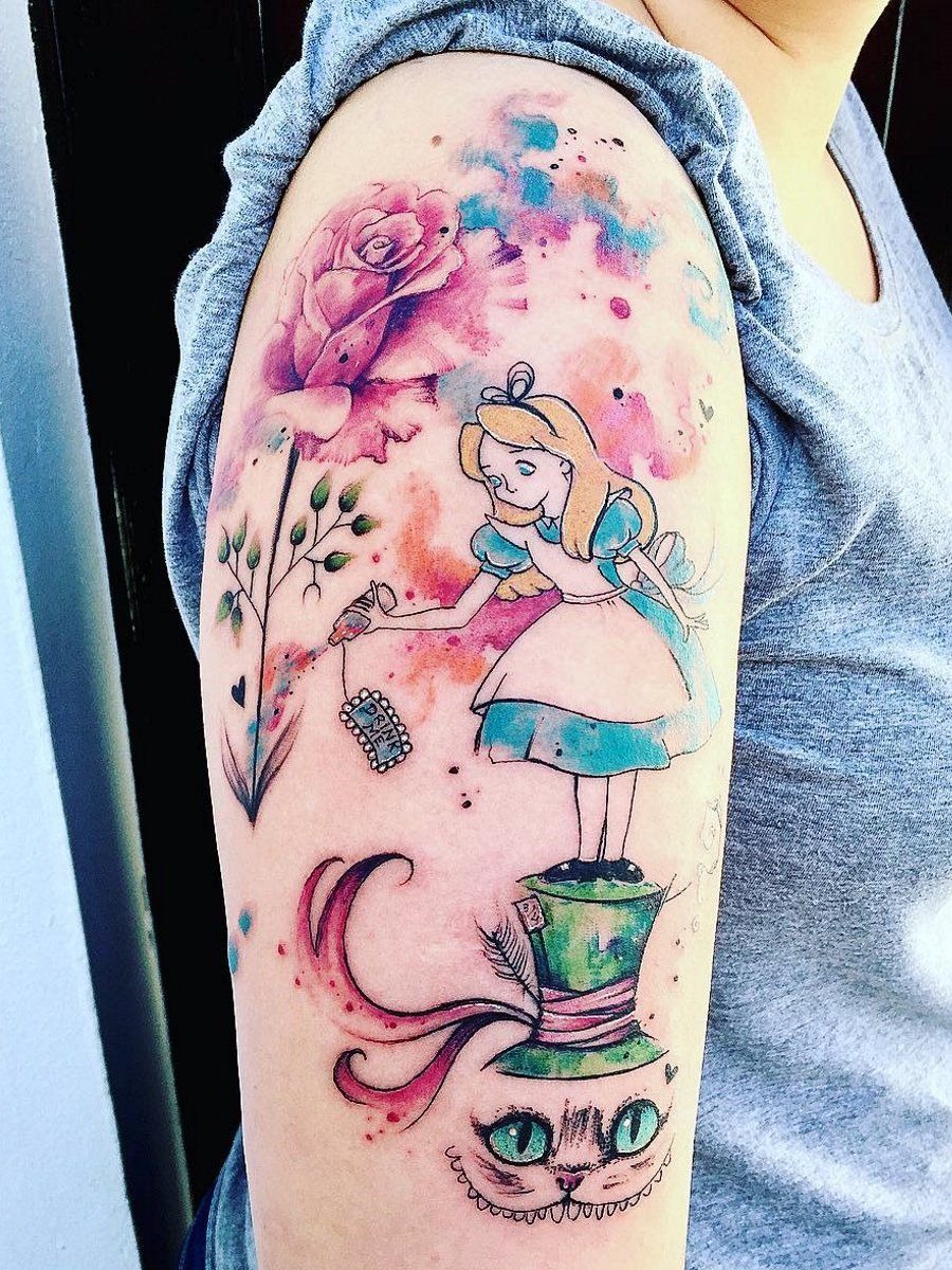 Watercolor alice And Cheshire Cat Half Sleeve Ideas Tattoo Design