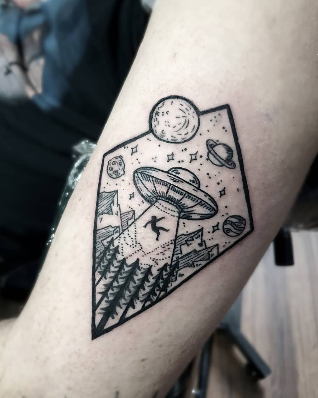 Abduction Forest Scene Tattoo, a tattoo design rendered in geometric.