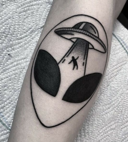 Alien Abduction Symbol Tattoo, a tattoo design rendered in minimalist fine-line.