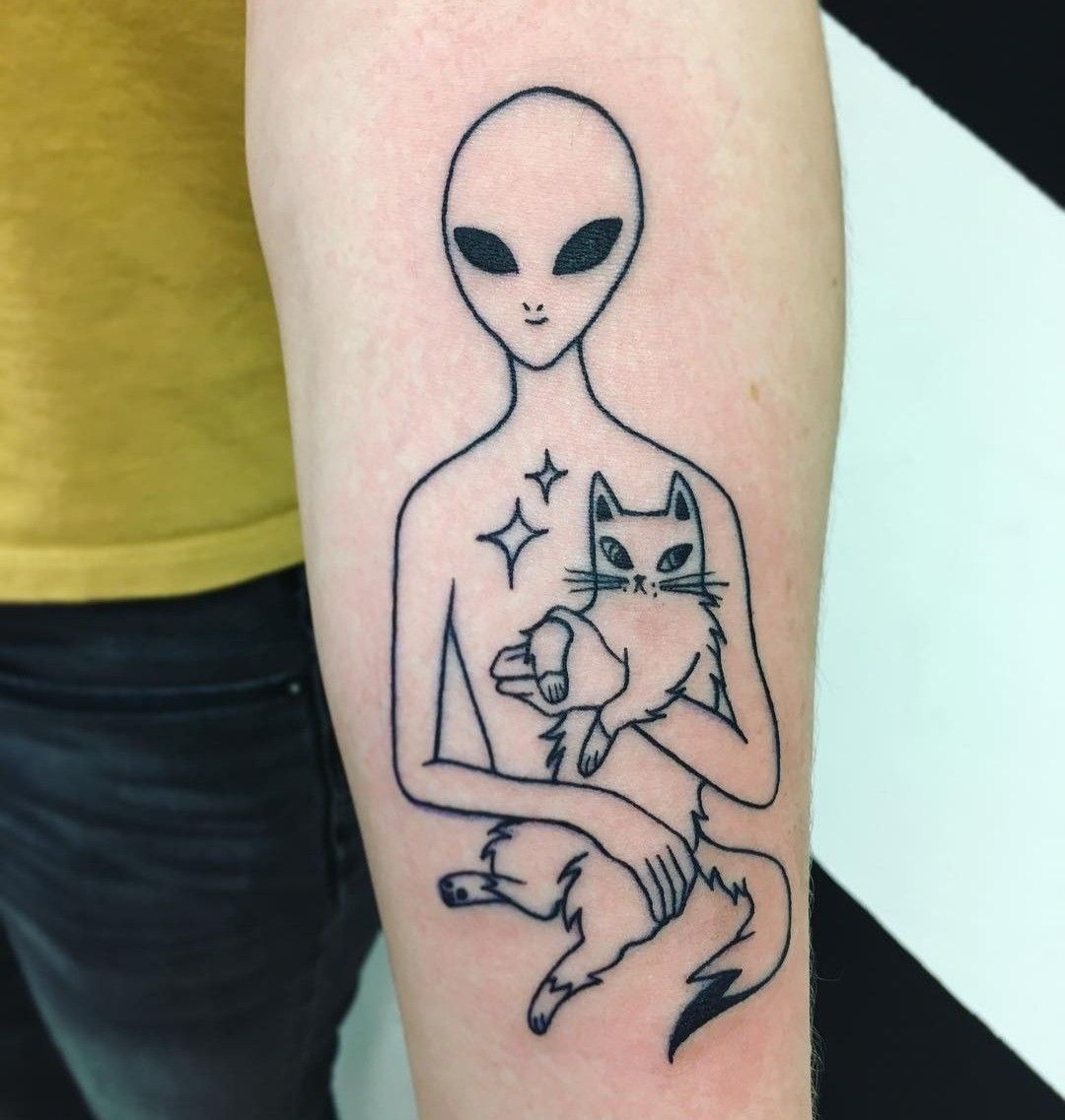 Alien and Cat Linework Tattoo, a tattoo design rendered in clean detailed linework.